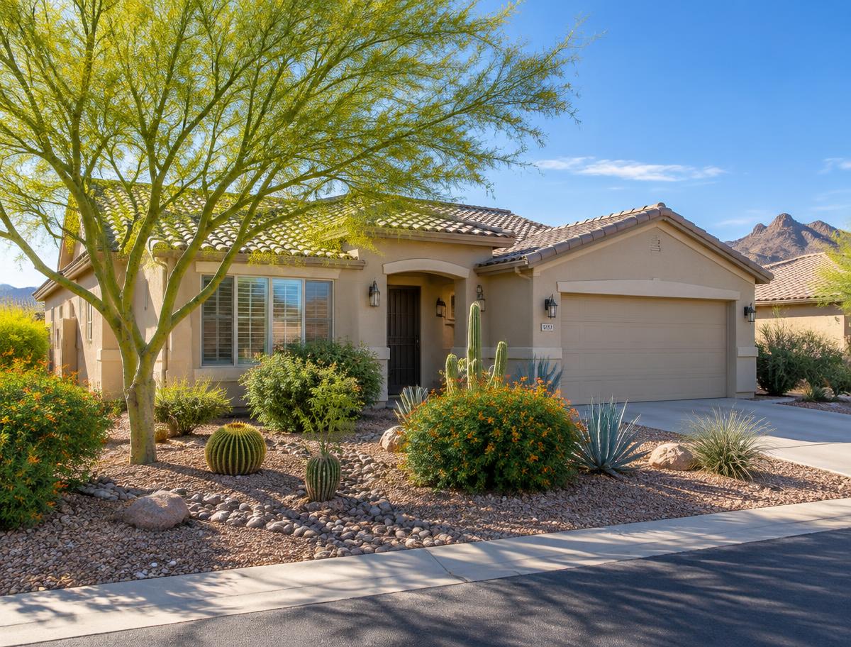 A tidy Arizona home with a palo verde tree
